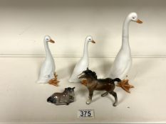 A SET OF THREE ROYAL BELVEDERE CERAMIC INDIAN RUNNING DUCKS, A BESWICK MODEL OF A FOAL AND ANOTHER