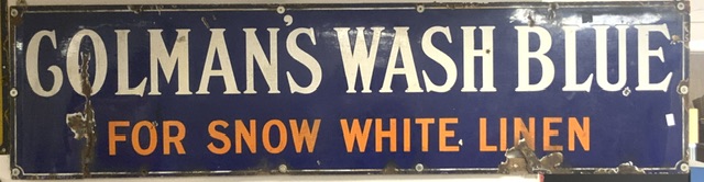 LARGE VINTAGE ENAMEL ADVERTISING SIGN COLMAN'S WASH BLUE FOR SNOW AND WHITE LINEN WOODEN FRAMED; 158