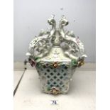 LARGE CONTINENTAL PIERCED CERAMIC LANTERN WITH ENCRUSTED FLOWERS