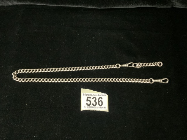 A STERLING SILVER WATCH CHAIN BY H. BUSHELL & SON LTD; BIRMINGHAM 1911; LENGTH 48CM; WEIGHT 48