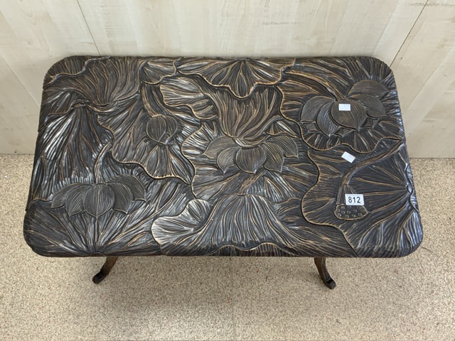 POSSIBLY LIBERTY & CO JAPANESE ARTS AND CRAFTS TWO TIER TABLE HAND CARVED 87 X 51CM - Image 3 of 3