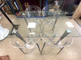 STYLISH MODERN GLASS RECTANGULAR TABLE WITH CHROME LEGS WITH FOUR ACRYLIC AND CHROME CHAIRS 120 X