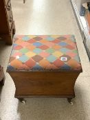 VINTAGE STOOL WITH INNER STORAGE AND HARLEQUIN MATERIAL ON CASTORS