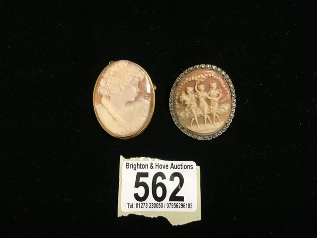 TWO VINTAGE CAMEO BROOCHES; ONE IN SILVER GILT MOUNT; MARKED '800'; DEPICTING A FEMALE PROFILE,