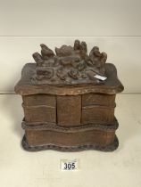 A 19TH CENTURY CARVED WOOD JEWELLERY BOX, COVER WITH TREE TRUNKS AND ROOTS, DECORATED WITH FLOWER