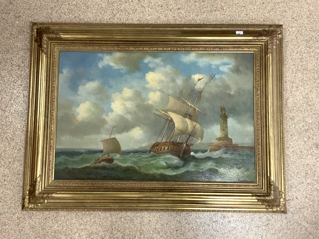 ROBINSON JONES SIGNED OIL ON CANVAS SHIP IN ROUGH SEAS IN A GILT FRAME 97 X 71CM