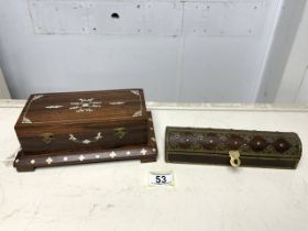 EASTERN INLAID ROSEWOOD RECTANGULAR JEWELLERY BOX, 24CM WITH AN EASTERN ROSEWOOD AND BRASS MOUNTED