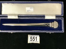 A CASED IRISH SILVER PAPER KNIFE BY ROYAL IRISH SILVER CO; DUBLIN 1970. ALSO WITH IMPORT MARKS FOR