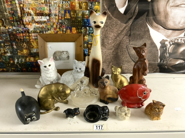 QUANTITY OF CAT STATUES; BRASS, CERAMIC AND GLASS