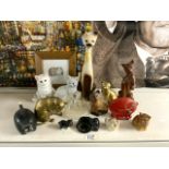QUANTITY OF CAT STATUES; BRASS, CERAMIC AND GLASS