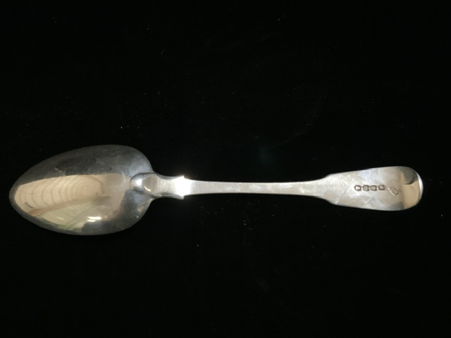 A GEORGE III STERLING SILVER FIDDLE PATTERN TABLESPOON BY THOMAS BARKER; LONDON 1817; INITIALLED; - Image 2 of 3