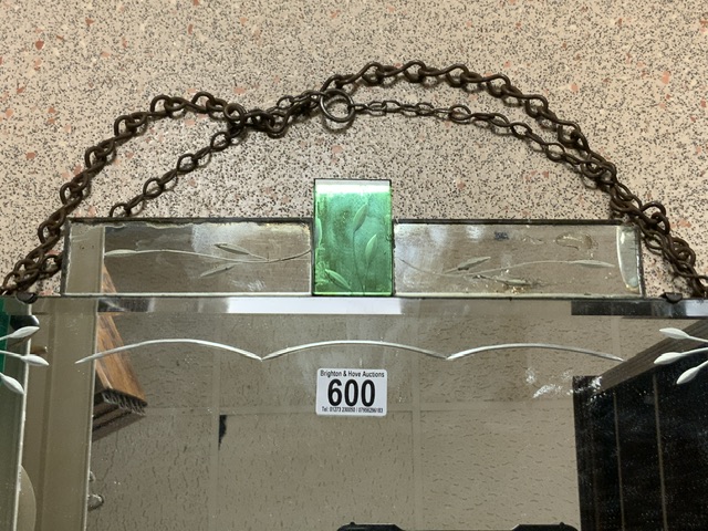 ART DECO ETCHED MIRROR WITH GREEN GLASS; 61 X 38CM - Image 2 of 3