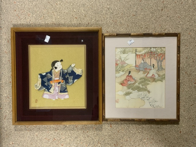 TWO CHINESE PICTURES INCLUDES WATERCOLOURS AND FABRIC BOTH SIGNED 42 X 39CM