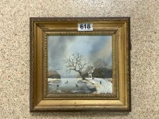 CHARLES COMBER OIL ON PANEL-WINTER LANDSCAPE WITH FIGURES SKATING; SIGNED 15 X 17CM