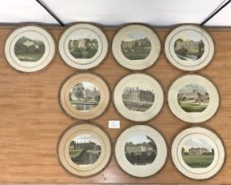 TEN ROUND COASTERS THEMED WITH PRINTS OF COUNTRY ESTATES; 20 CM DIAMETER