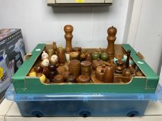 TWO LARGE BOXES OF CRUET SETS AND SALTS AND PEPPERS, WOOD AND CERAMIC PIECES