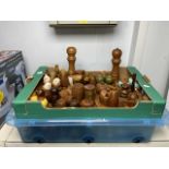 TWO LARGE BOXES OF CRUET SETS AND SALTS AND PEPPERS, WOOD AND CERAMIC PIECES