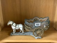 ANTIQUE METAL HORSE AND CART WITH CARNIVAL; GLASS; 37CM
