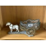 ANTIQUE METAL HORSE AND CART WITH CARNIVAL; GLASS; 37CM