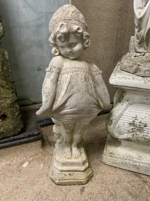TWO RECLAIMED GARDEN STATUES AND PLINTH LARGEST 80CM - Image 2 of 3