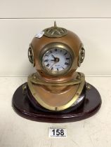 COPPER AND BRASS MINIATURE DIVING HELMET AS A CLOCK; 21CM