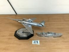 TWO VINTAGE CHROME DESK LIGHTERS, AIRCRAFT AND SHIP MODELS