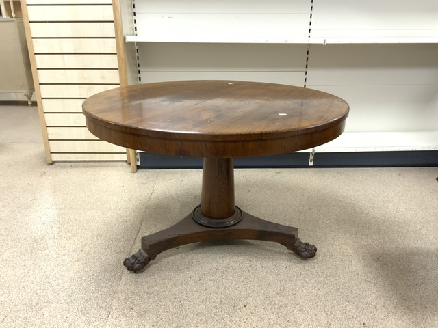 VICTORIAN ROSEWOOD TILT TOP ROUND TABLE WITH CENTER COLUMN ON PAW FEET; 107CM DIAMETER - Image 2 of 2