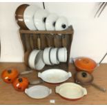 QUANTITY OF LE CREUSET PANS AND DISHES WITH STAND