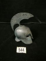 A COPPER MODEL OF A SPARTAN HELMET, ENGRAVED DECORATION; HEIGHT 16CM