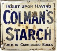 LARGE ENAMEL ADVERTISING SIGN 'INSIST UPON HAVING COLMAN'S STARCH SOLD IN CARDBOARD BOXES; 97 X