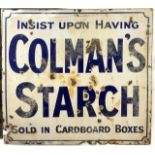 LARGE ENAMEL ADVERTISING SIGN 'INSIST UPON HAVING COLMAN'S STARCH SOLD IN CARDBOARD BOXES; 97 X