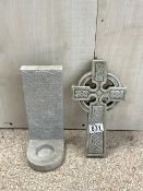 STONE CELTIC CROSS 27 X 15CM WITH A WALL MOUNTED CANDLE HOLDER 26 X 10CM
