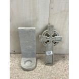 STONE CELTIC CROSS 27 X 15CM WITH A WALL MOUNTED CANDLE HOLDER 26 X 10CM