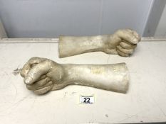 TWO SCULPTURES OF HAND AND ARMS (CANDLE HOLDERS); 28CM