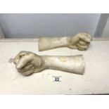TWO SCULPTURES OF HAND AND ARMS (CANDLE HOLDERS); 28CM