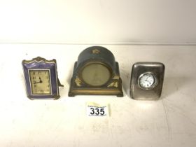 THREE SMALL CLOCKS COMPRISING A GERMAN GILT METAL AND ENAMEL EXAMPLE, SHAPED FRAME, PURPLE ENAMEL, A