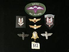 A QUANTITY OF MILITARY CLOTH AND METAL BADGES INCLUDING; CANADIAN PARACHUTE, 3 RAR OLD FAITHFUL, C