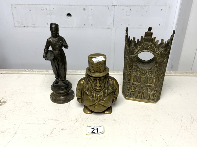 BRASS FIGURAL 'TRANSVAAL MONEY BOX', BRONZED FIGURE OF A DUTCH BOY; 21CM AND A BRASS ARCHITECTURAL