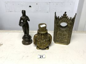 BRASS FIGURAL 'TRANSVAAL MONEY BOX', BRONZED FIGURE OF A DUTCH BOY; 21CM AND A BRASS ARCHITECTURAL