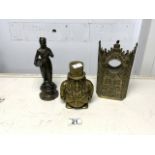 BRASS FIGURAL 'TRANSVAAL MONEY BOX', BRONZED FIGURE OF A DUTCH BOY; 21CM AND A BRASS ARCHITECTURAL