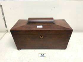 VICTORIAN MAHOGANY SARCOPHAGUS SHAPED TEA CADDY, THE INTERIOR WITH LIDDED COMPARTMENTS AND MIXING
