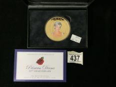 A BOXED COMMEMORATIVE PRINCESS DIANA 20TH ANNIVERSARY GOLD PLATED PHOTOGRAPHIC COIN; ISSUED BY THE