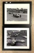 VINTAGE BLACK AND WHITE PHOTOGRAPHS FROM MOTOR RACING BOTH FRAMED AND GLAZED 56 X 66CM