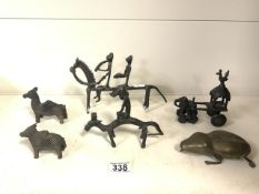 A COLLECTION OF AFRICAN / INDIAN BRONZE STATUES AND TEMPLE TOYS INCLUDING; TWO RIDERS ON