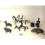 A COLLECTION OF AFRICAN / INDIAN BRONZE STATUES AND TEMPLE TOYS INCLUDING; TWO RIDERS ON