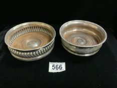 TWO GEORGE III STERLING SILVER WINE COASTERS; ONE BY JOHN T. YOUNGE & CO; SHEFFIELD 1802; GADROON