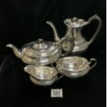 A STERLING SILVER FOUR PIECE TEA & COFFEE SERVICE / SET, BY E. VINER; SHEFFIELD 1958-60; OVAL FORM
