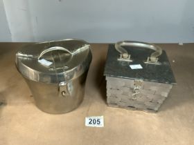 VINTAGE ICE BUCKET SHAPED AS A HAT BOX; 17 X 15CM WITH ANOTHER METAL BOX MARKED DORSET FIFTH
