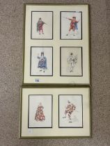 TWO SETS OF WATERCOLOUR DRAWINGS FIGURES IN COSTUME EACH INDISTINCTLY SIGNED LARGEST 64 X 52CM
