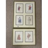 TWO SETS OF WATERCOLOUR DRAWINGS FIGURES IN COSTUME EACH INDISTINCTLY SIGNED LARGEST 64 X 52CM